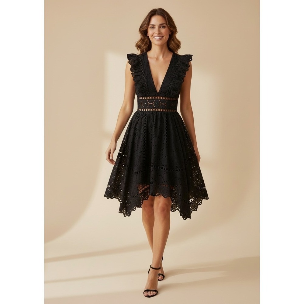 Zimmermann Divinity Wheel Broderie Anglaise Dress Black Handkerchief Hem Size 1